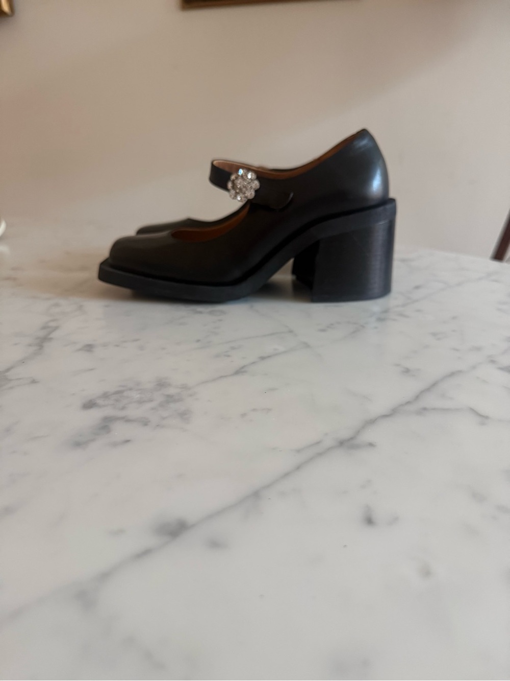 Ganni Black Leather Mary Jane Heels with Crystal Buckle - Picture 2 of 3